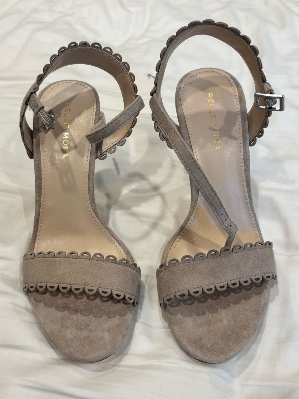 NWOT Pelle Moda Taupe Scallop-Trim Suede Ankle-Strap Heels
